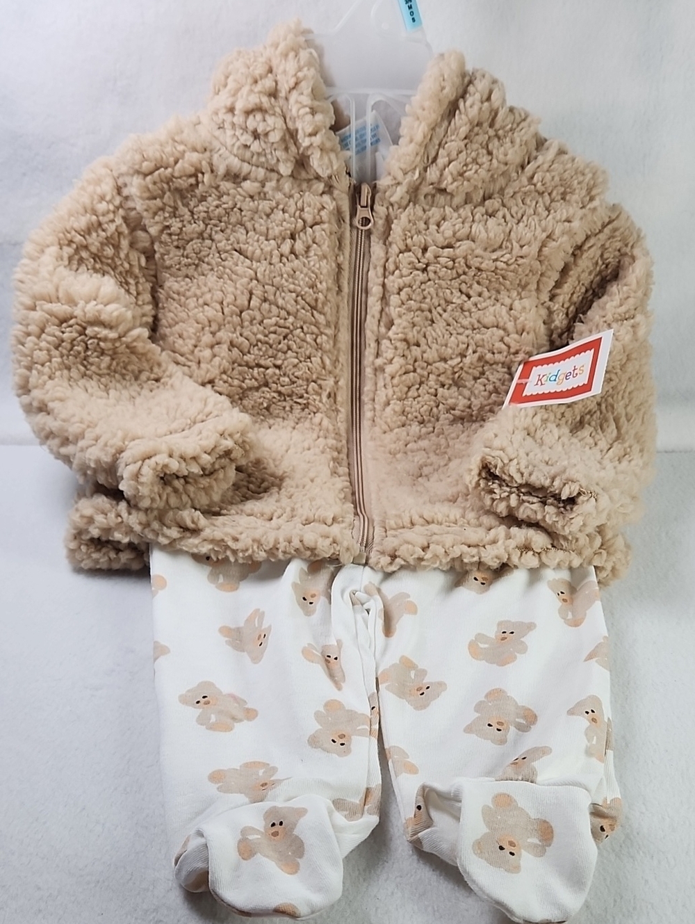 Kidgets Boys Bear Hoodie 2pc. Plush Beige Sherpa Jacket/Leggins Set